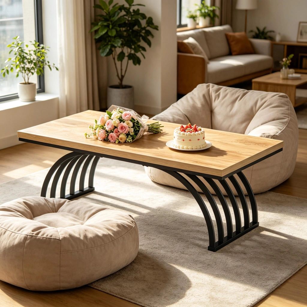 Tavolino basso con piano da 120 cm e struttura in metallo design aperto per soggiorno in metallo e legno nero marrone