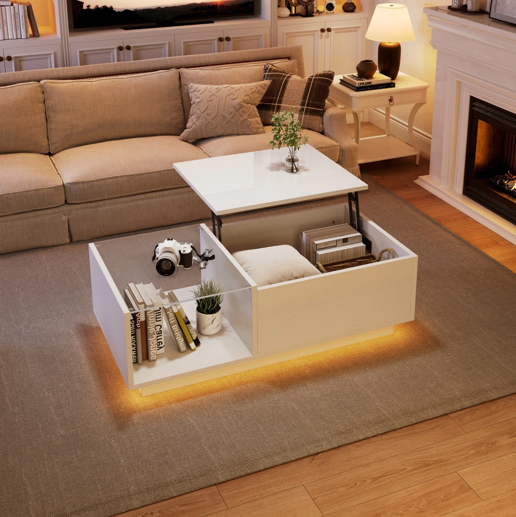 Tavolino da caff猫 100x50x33 cm; piano sollevabile con LED app; truciolato bianco