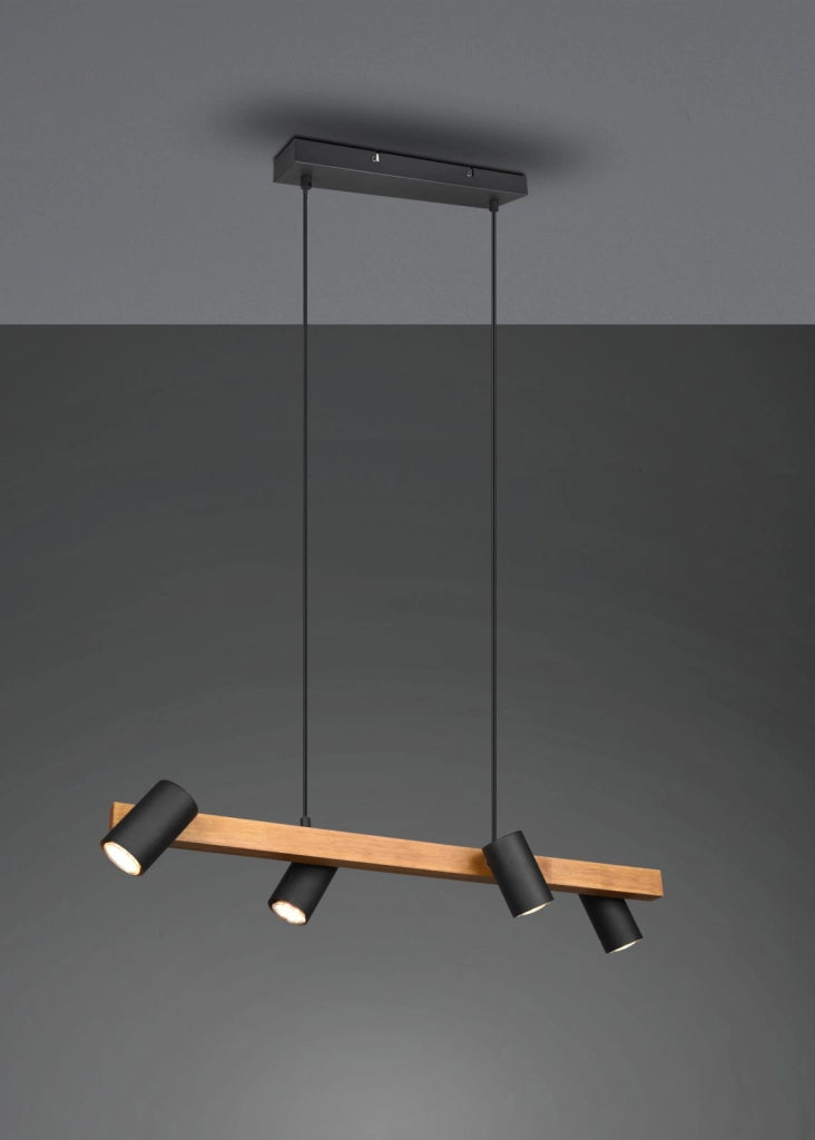MARLEY SOSPENSIONE RETTANGOLARE CON BARRA LEGNO 4 CILINDRI NERO OPACO L. 80CM  4 LUCI ATTACCO GU10