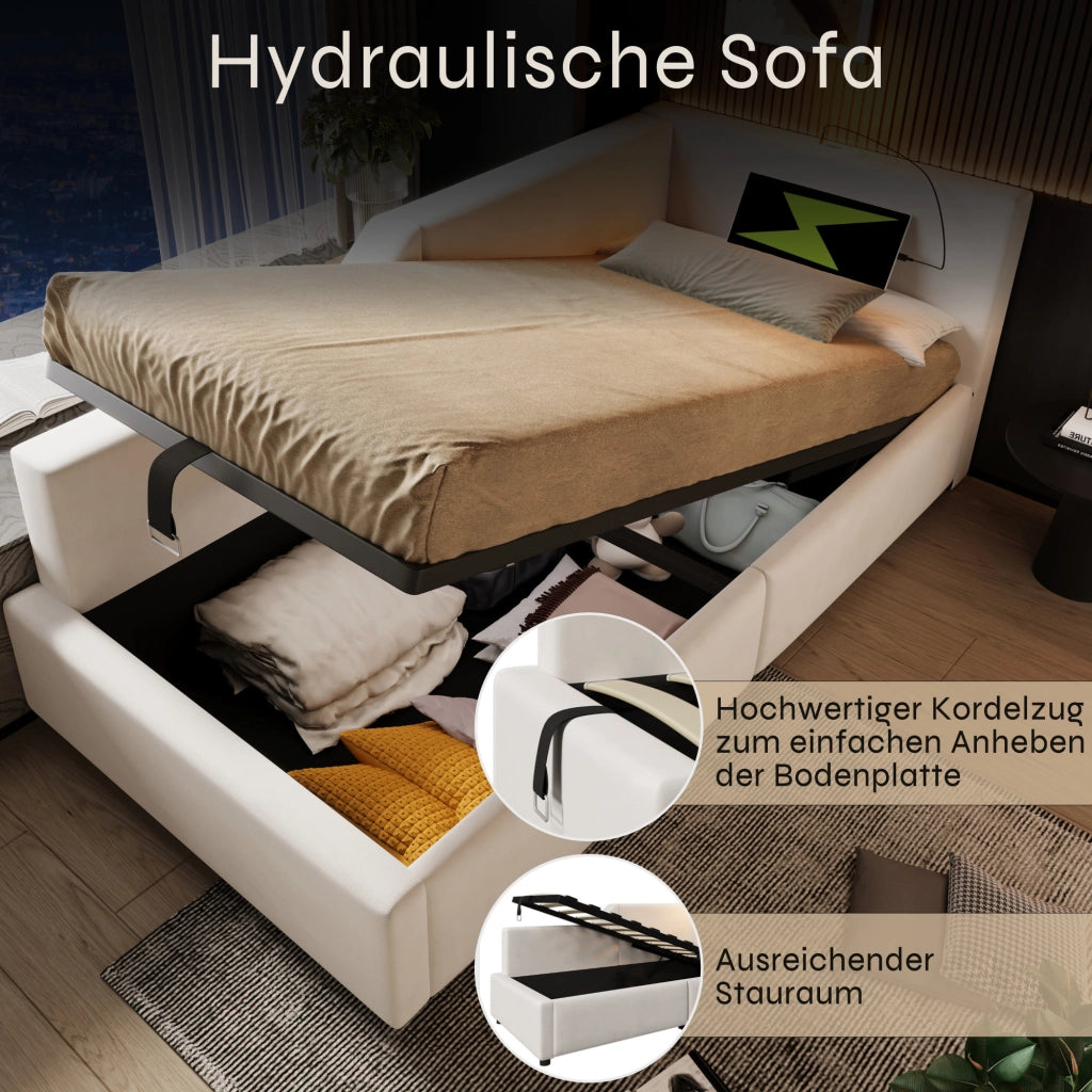 LETTO DA GIORNO Contenitore 90x190 cm in Velluto Beige con lampada da lettura e USB-C