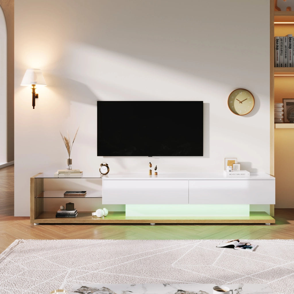 Mobile TV con 2 Cassetti; 2 Ripiani in Vetro e LED; Bianco Lucido con Effetto Legno; 170??36??38 cm; in Truciolare
