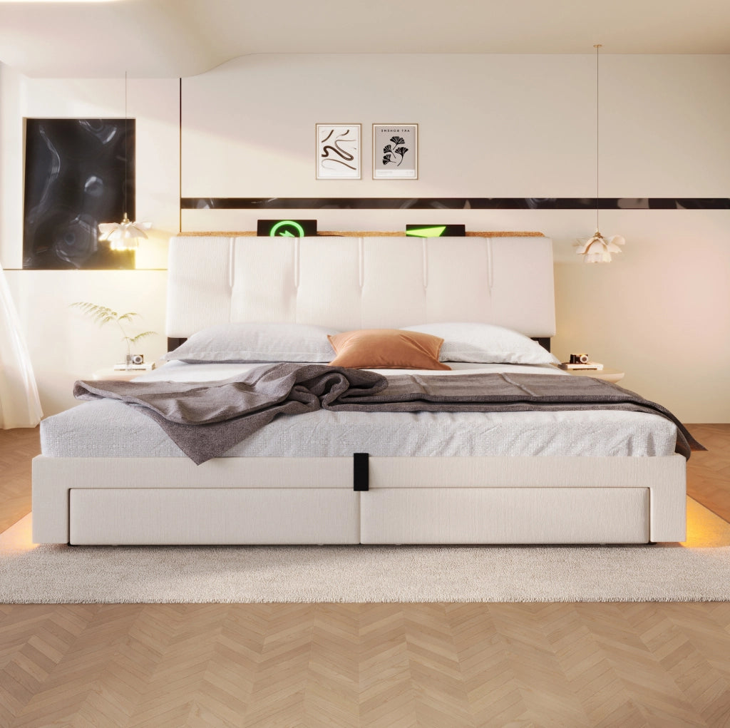 Letto matrimoniale imbottito 180x200 cm in lino beige con contenitore; USB e LED