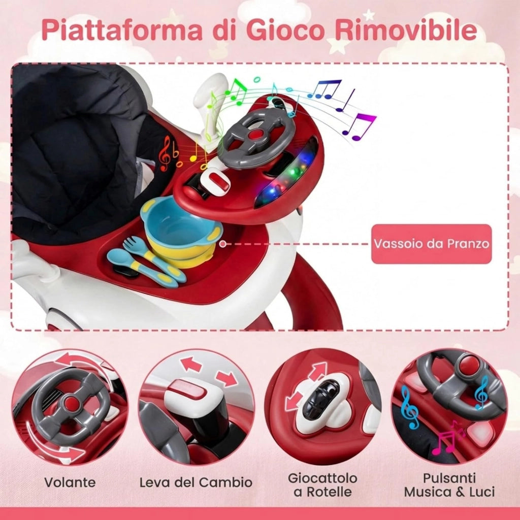 Girello per Bambini 6-in-1 Evolutivo, Centro Attività Pieghevole con Maniglia, Regolazione Altezza/Velocità, con Musica, Luci Tenda, per Neonati 6-18 Mesi (Rosso+Bianco)