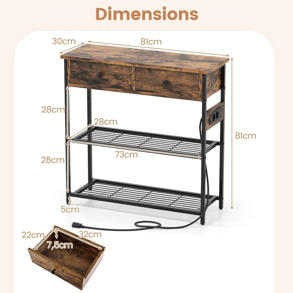 Tavolo da Tngresso con Stazione di Ricarica USB Type-C, Consolle Industriale con Cassetti e Ripiani, 81 x30 x 81 cm