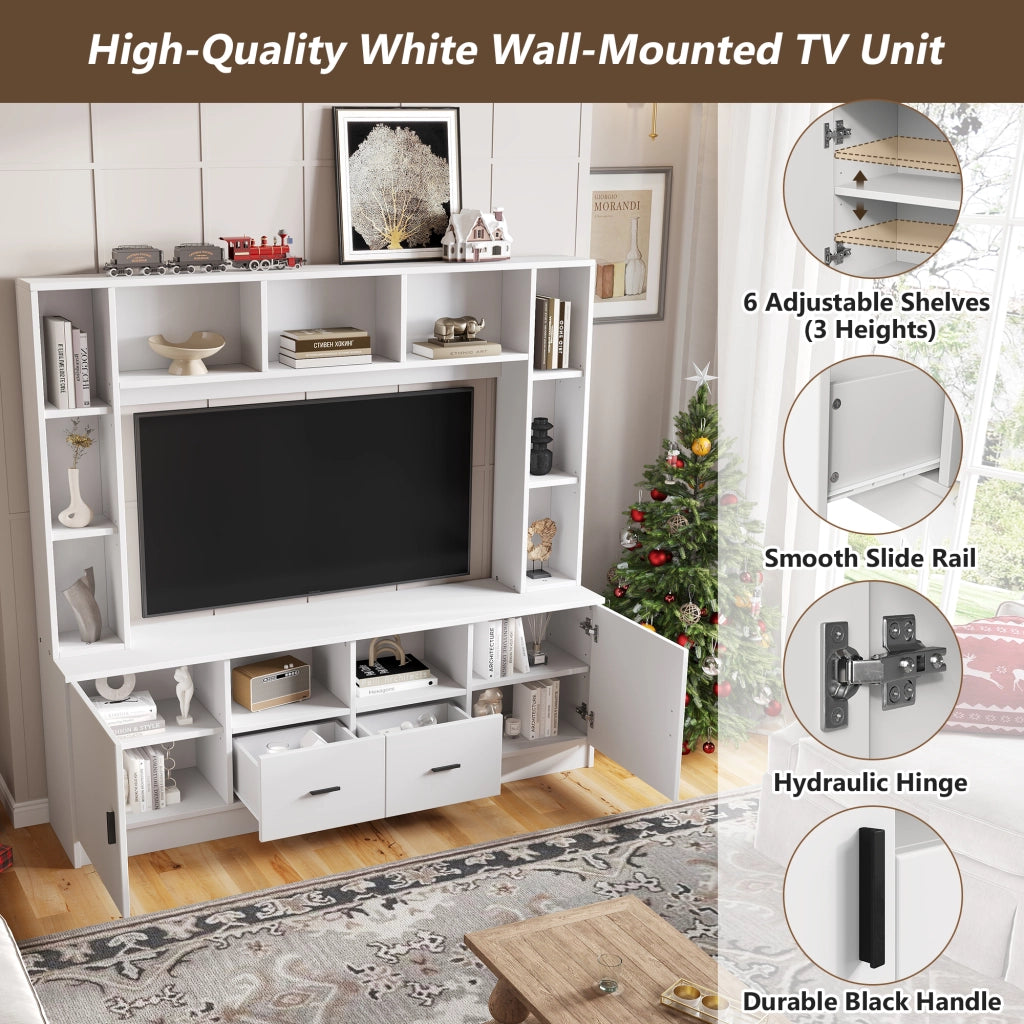 Mobile porta tv con 2 ante, 2 cassetti e 11 vani, per soggiorno, in pannello truciolare, bianco, 180 × 35 × 170 cm