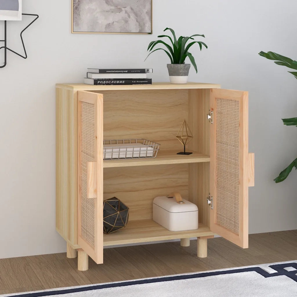 Credenza Marrone 60x30x70cm Legno Massello Pino Rattan Naturale 345632