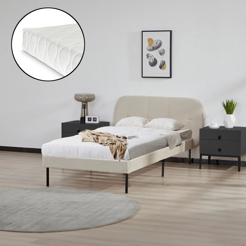 Letto Singolo Porvoo con Testiera e Materasso 90x200 cm Rivestimento in Velluto - Beige [en.casa]