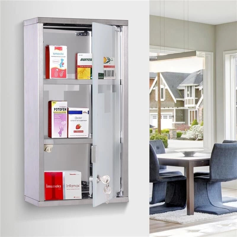 ARMADIETTO PORTA MEDICINALI IN VETRO IN ACCIAIO PORTA E 2 CHIAVI PRONTO SOCCORSO CASSETTA MEDICINE 48X25CM