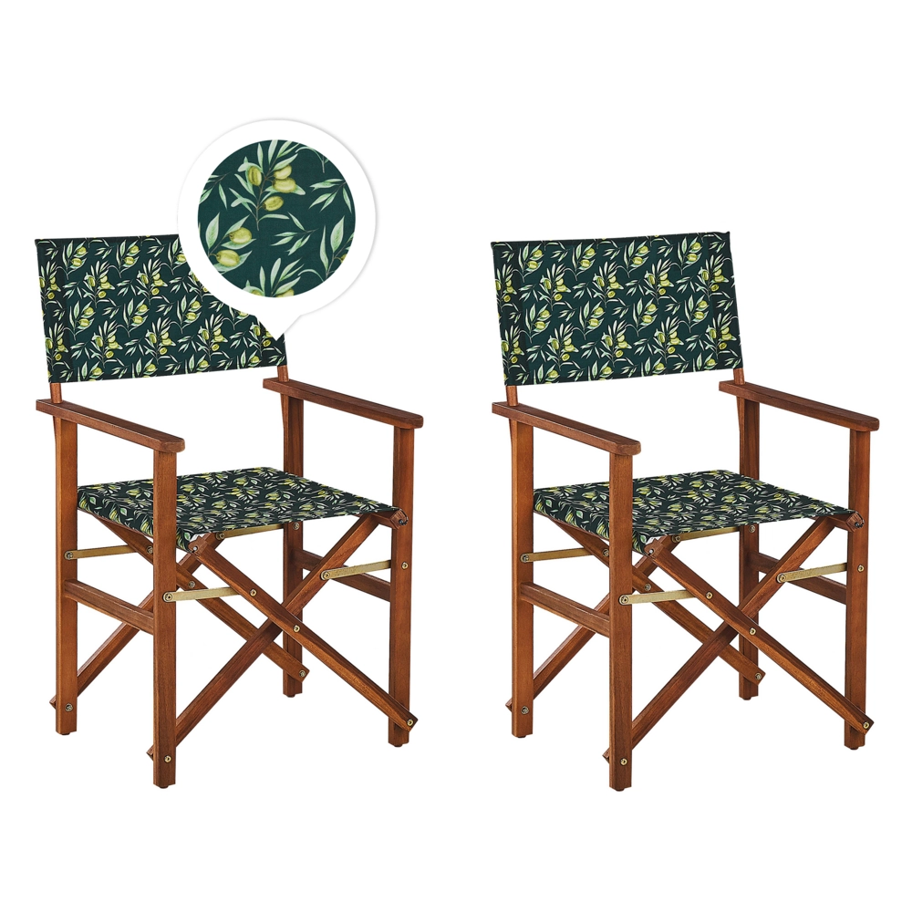 Set di 2 sedie da regista da giardino in legno scuro con tessuto di ricambio in tessuto di acacia olive bianco sporco con 2 Tele intercambiabili