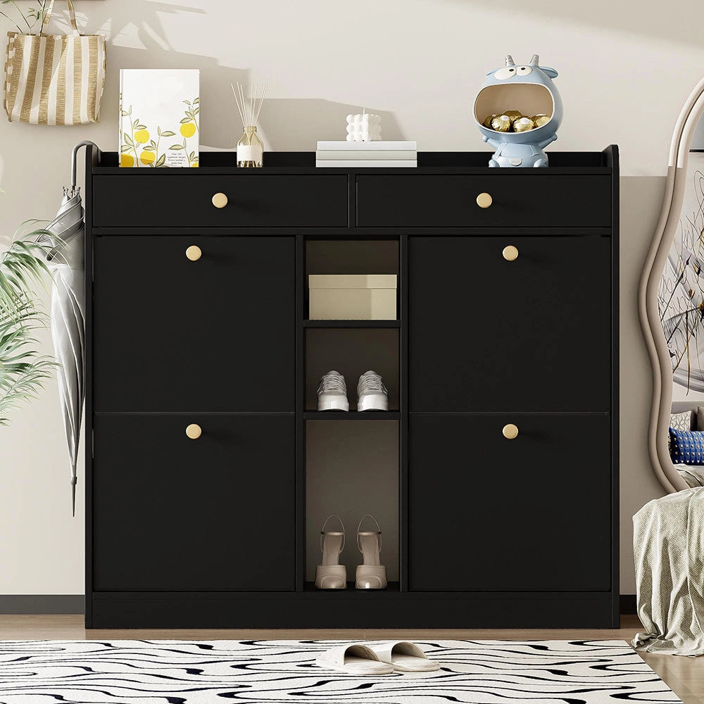 Armadio per scarpe elegante nero - Xylo - 110x26x100 cm - 4 ante, 2 cassetti, 3 scomparti aperti