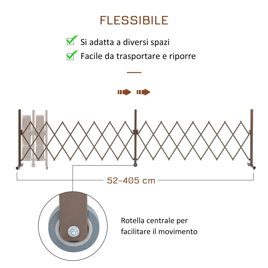 Recinzione Estensibile Autoportante in Acciaio e Alluminio, Larghezza 52-405 cm, Marrone scuro