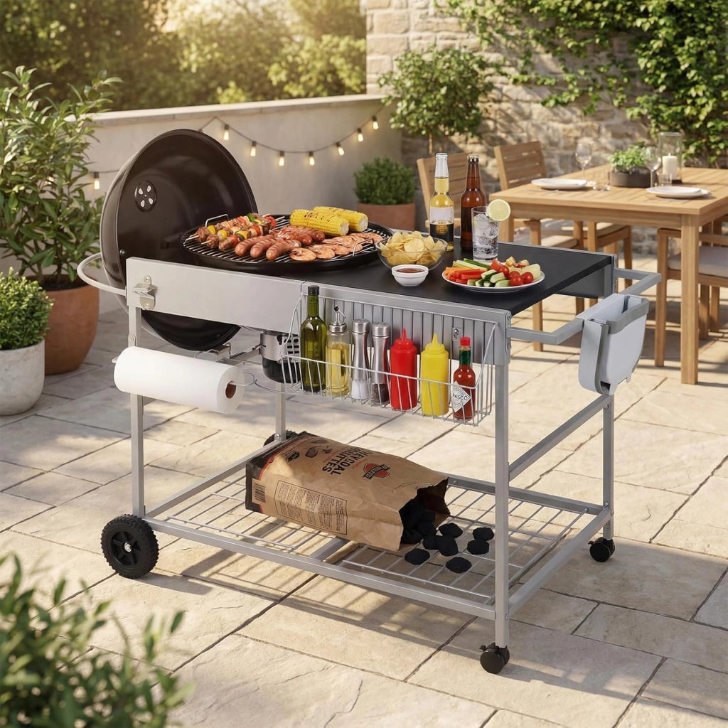 Carrello per Barbecue da Esterno, Tavolo Mobile per Barbecue con Ripiano a Rete, Porta Spezie, Portarotolo e Supporto per Sacchetti, Carrello da Cucina in Acciaio Inox, 141 x 62 x 80 cm