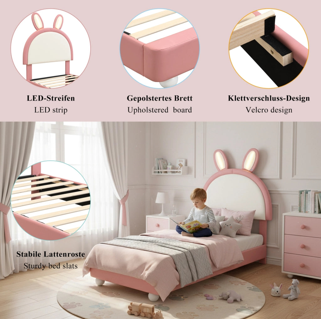 Letto imbottito per bambini con testiera a forma di coniglio e LED