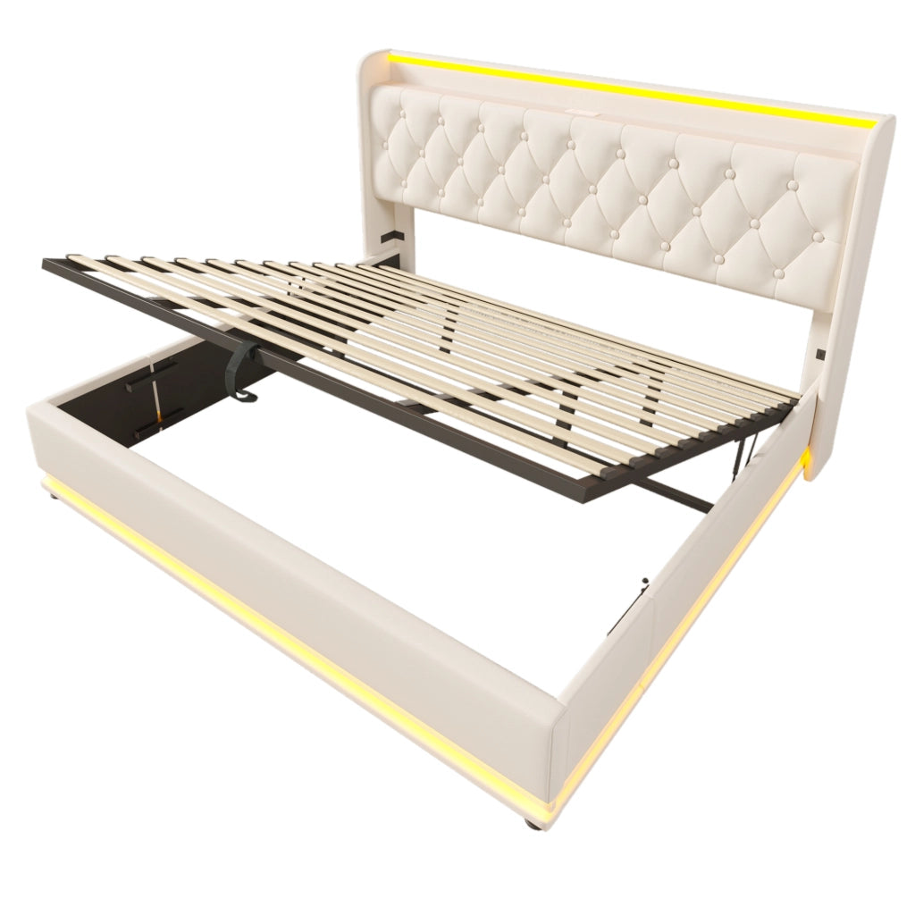 Letto matrimoniale contenitore 180x200 cm con LED; USB e Type-C; testiera imbottita in PU bianco