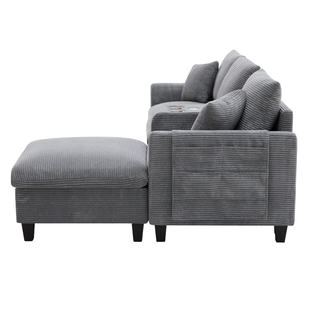 Divano angolare modulare 4 posti in velluto a coste grigio con pouf; console; USB e portabicchieri