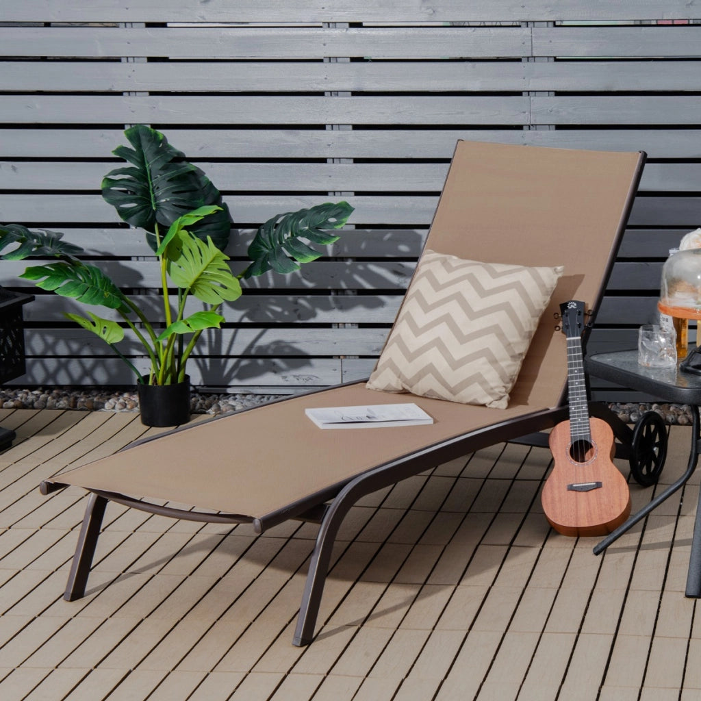 Chaise longue regolabile per piscina cortile giardino, Sedia a sdraio per cortile con ruote e tessuto ad asciugatura rapida Marrone-Poltrone e sdraio