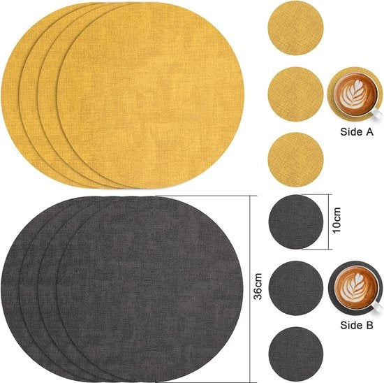 Piatto di Panno in Pelle Rond con Sostegni, Tavola di Panno Idrorepellente Rimovibile a Doppia Facia Tavola di Caffè Senza Slittamento Lavabile Piatto di Panno e Disco (Grigio Giallo, Set 4)