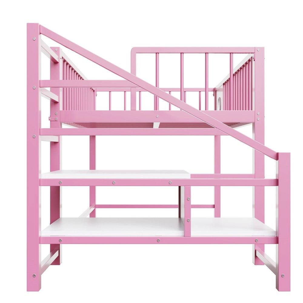 Letto a Soppalco Basso per Bambini con Scala Contenitore ¨C Xylo ¨C Rosa, Metallo, 90x200