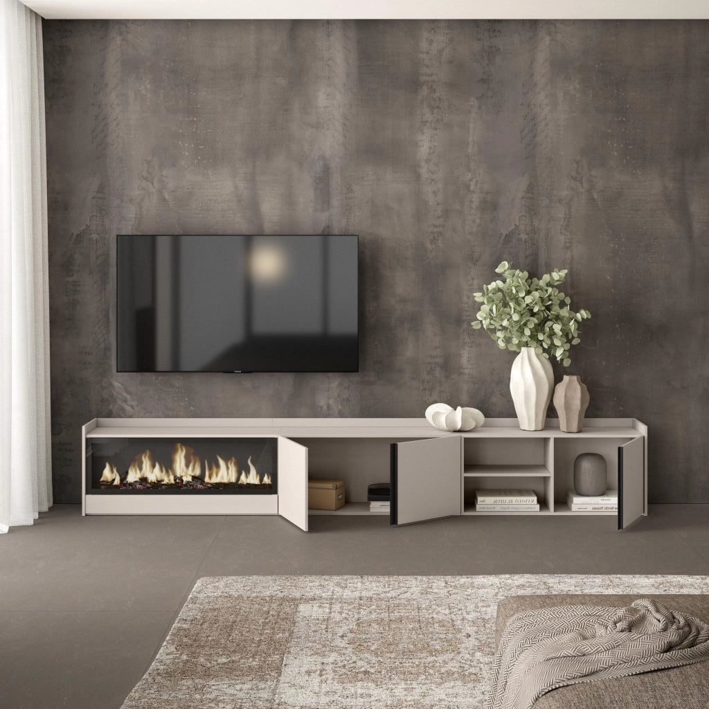 Mobile TV Soggiorno, 315x50x35 cm, Per TV fino a 80", Camino elettrico XXL, Beige
