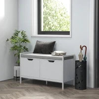 Panca Scarpiera a 2 Armadietti con Cuscino, in Tessuto Effetto Lino, Legno e Acciaio, 84x35x50 cm, Bianco