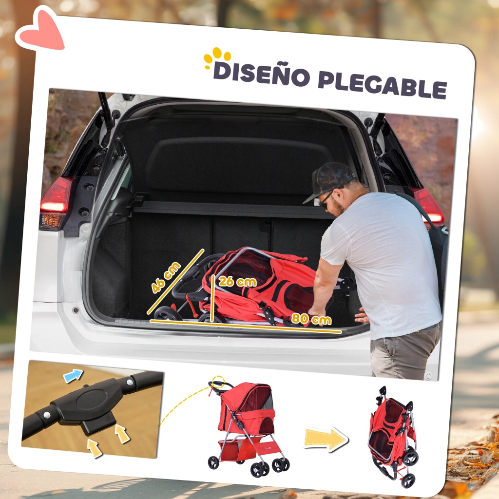 Carrello per Cani con Toldo ¨C zephmum ¨C 77x45x99.5 cm Rosso Tela Oxford