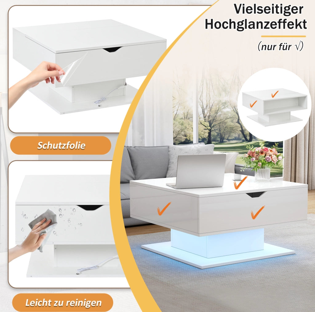 Tavolino sollevabile con illuminazione a LED e spazio contenitivo