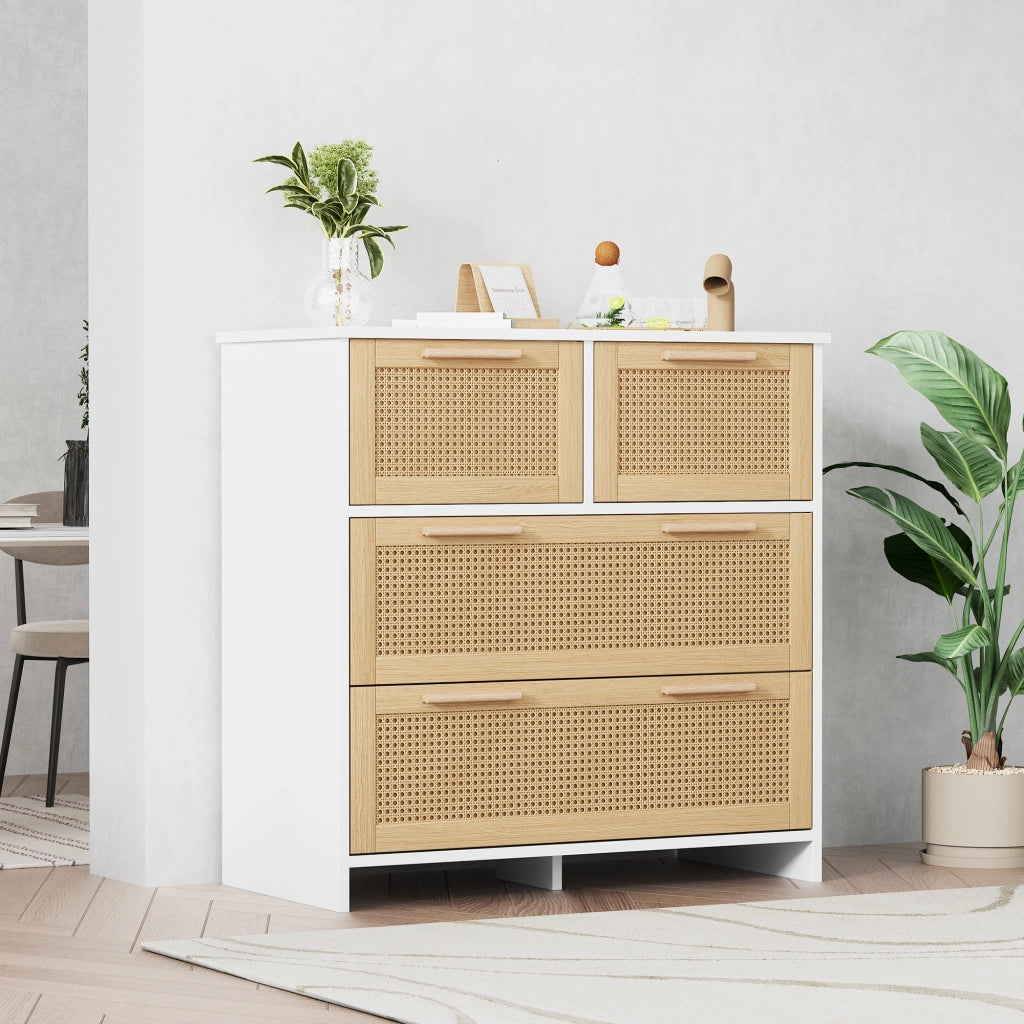 Cassettiera in rattan naturale a 4 cassetti con struttura in MDF, 80¡Á80¡Á38 cm, colore naturale e bianco