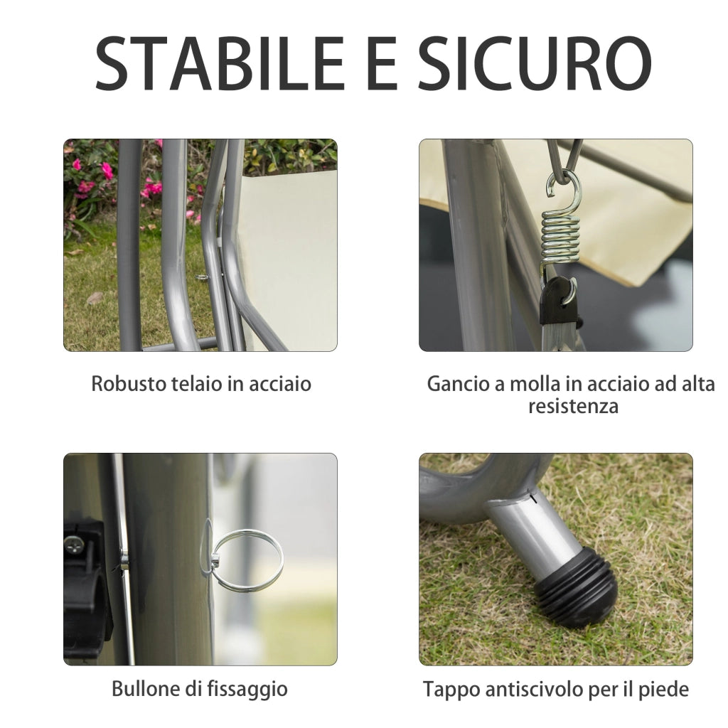 Dondolo Letto da Giardino 3 Posti 200x120x164 cm con Tetto Regolabile e 2 Portabicchieri Crema