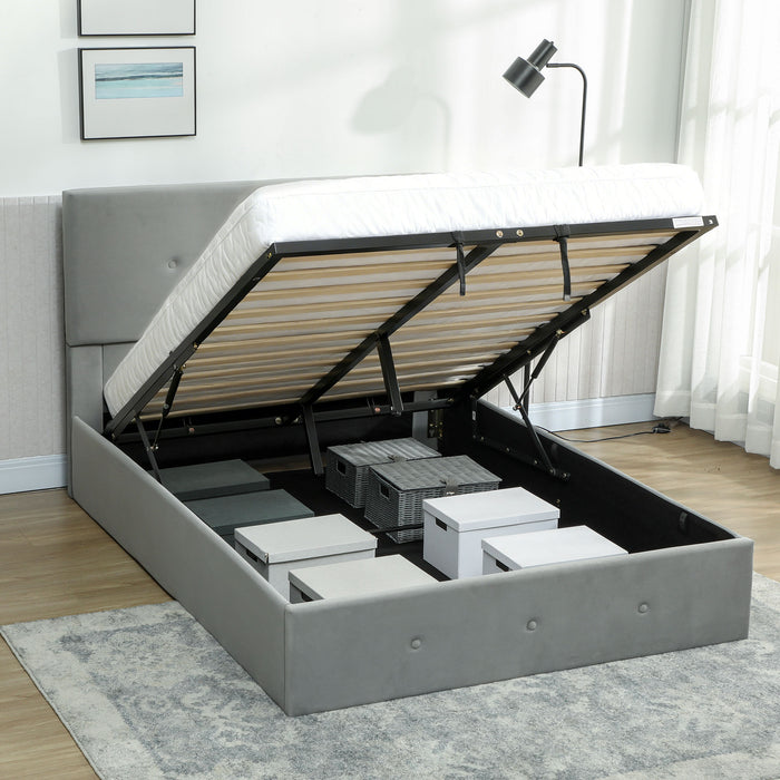 Letto a 1 Piazza e Mezza Contenitore 195x141x106 cm con Spazio a Scomparsa e Testiera Vellutata a Trapunta in Legno e