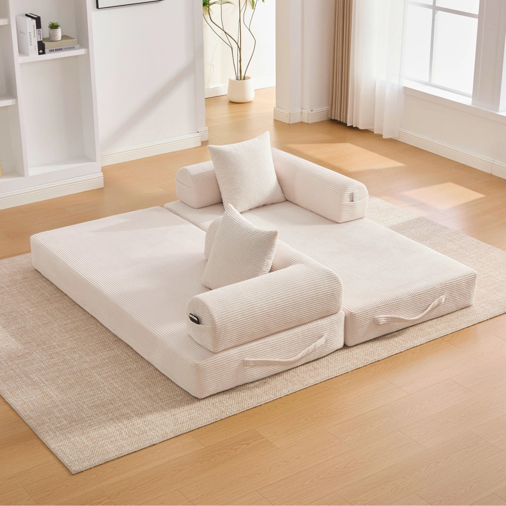 Divano modulare con tasca laterale e 3 cuscini struttura in metallo e velluto a coste per soggiorno beige