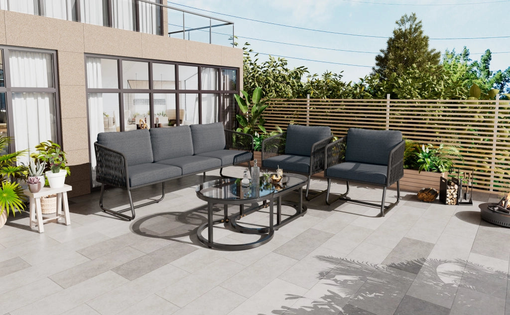 Set di mobili da giardino con telaio in ferro zincato set di mobili da giardino in corda corda grigia gambe regolabili piano tavolo liscio in vetro set per 5 persone inclusi tutti i cuscini di sedile e schienale