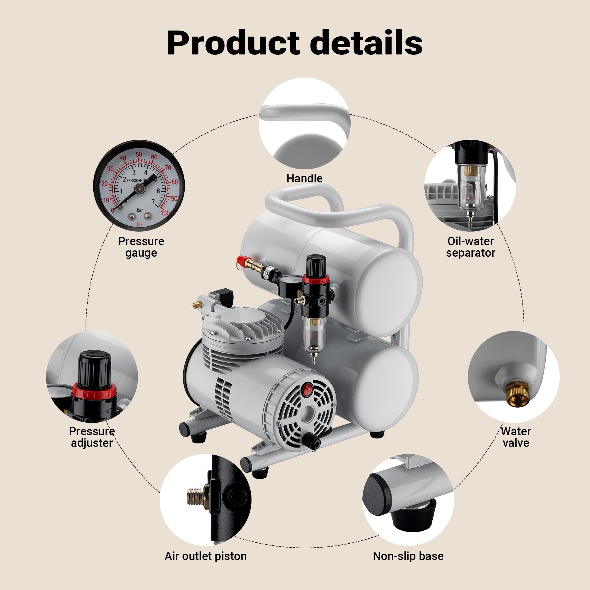 Compressore aerografo AS06T 1/4 CV con accessori, compressore per pistola aerografo con elevata portata d'aria 65-69 l/min, potente dispositivo ad aria compressa 3,2 bar, per aerografia
