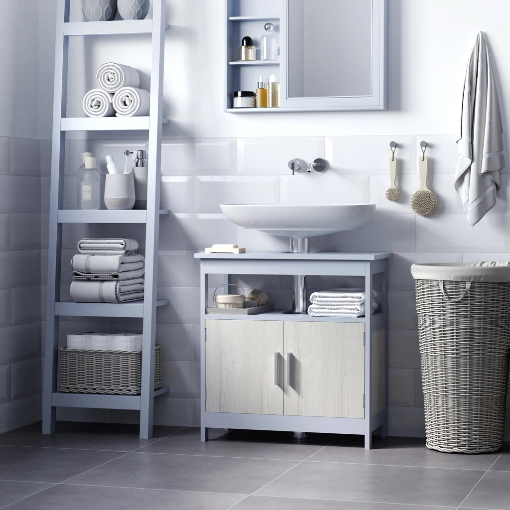 Easycomfort Mobile Sottolavabo Bagno con Armadietto e Ripiano Aperto, 60x30x62cm, Grigio e Legno Naturale