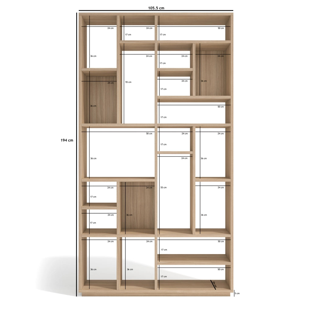 Libreria asimmetrica Herdasa 21 vani effetto finitura noce chiaro