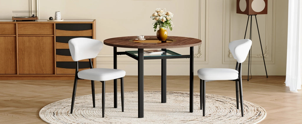 Tavolo da pranzo rotondo con piano in MDF e inserto in vetro con 2 sedie in PU per cucina e soggiorno 100 cm