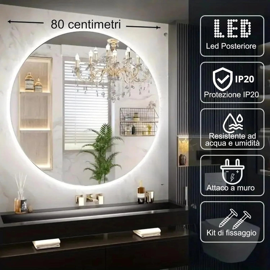 Specchio Rotondo 80 cm GENIUS con Ingranditore Integrato, Specchio Bagno Led Personalizzabile, Led 4000K, Specchiera Bagno Made in Italy