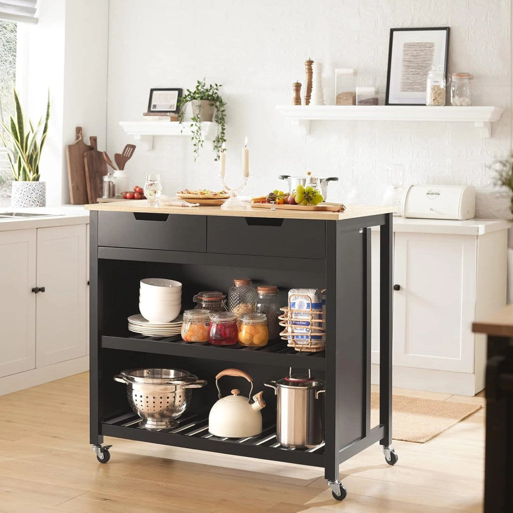 Mobile Cucina Salvaspazio Carrello Cucina con Ruote Credenza Cucina Mobiletto Cucina Dispensa Isola Cucina Mobile Cucina con Cassetti Piano in Legno Nero 98x94x58 cm FKW74-SCH