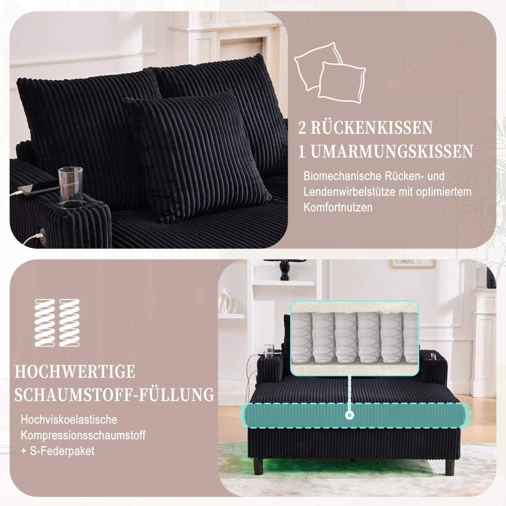 Poltrona relax con LED USB portabicchieri e schienale ergonomico, in velluto a coste, nero