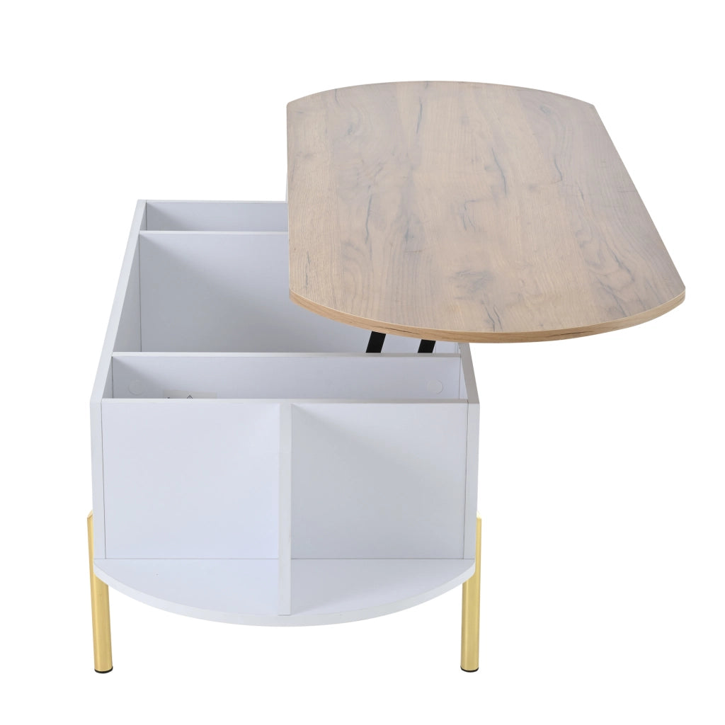 Tavolino da salotto 120x50x43 cm; piano sollevabile con vano nascosto; MDF; bianco e colore naturale