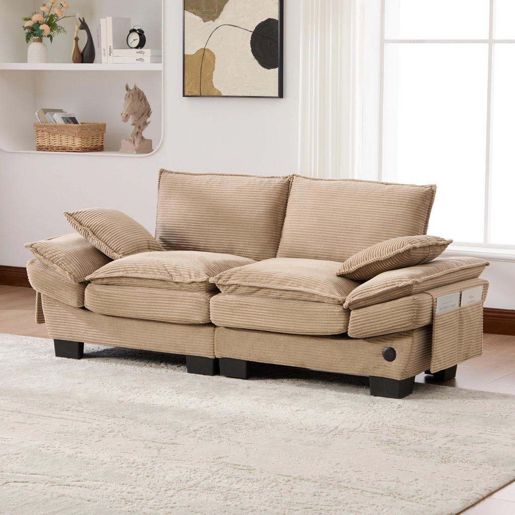 DIVANO 2 posti 190x73x84 cm in tessuto Corduroy Khaki con USB-C e tasche laterali