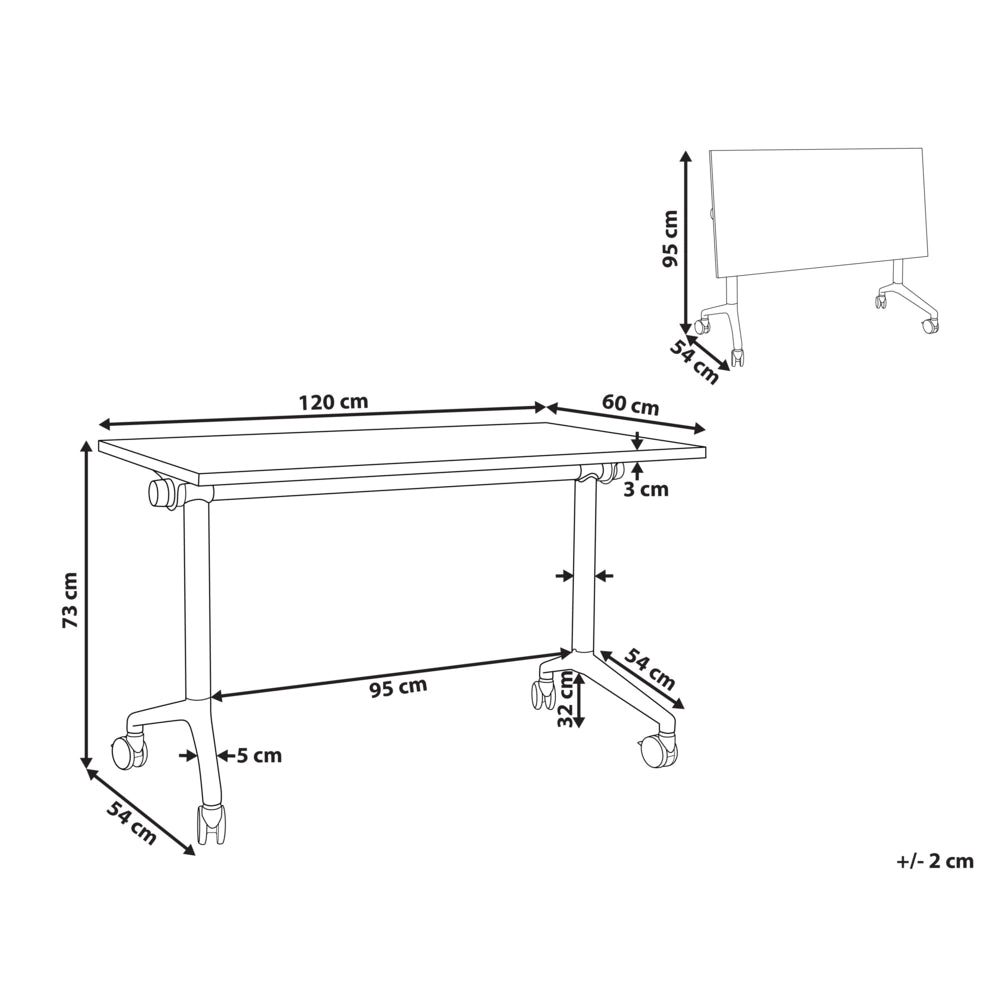 Scrivania rettangolare pieghevole con rotelle portatile con struttura in metallo legno chiaro e bianco 120 x 60 cm stile moderno