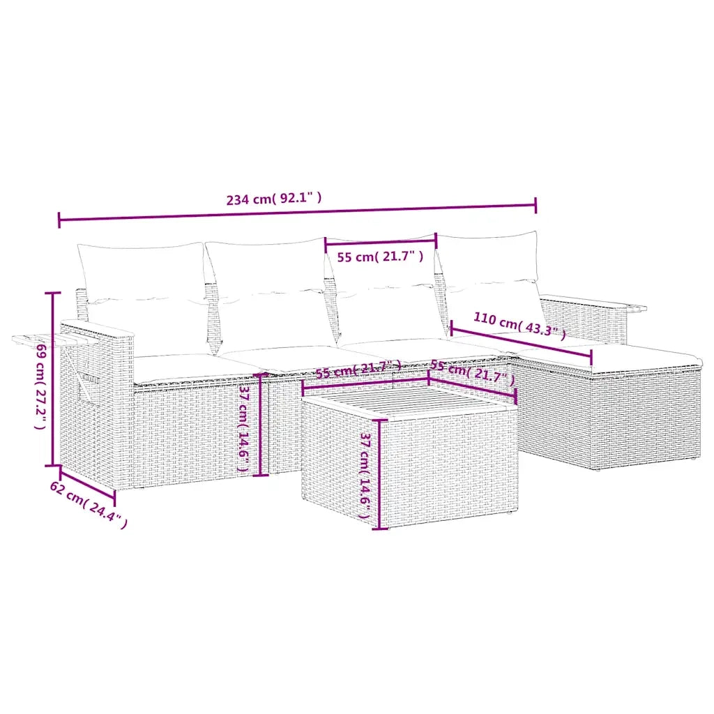 Set Divani da Giardino 6 pz con Cuscini Grigio in Polyrattan