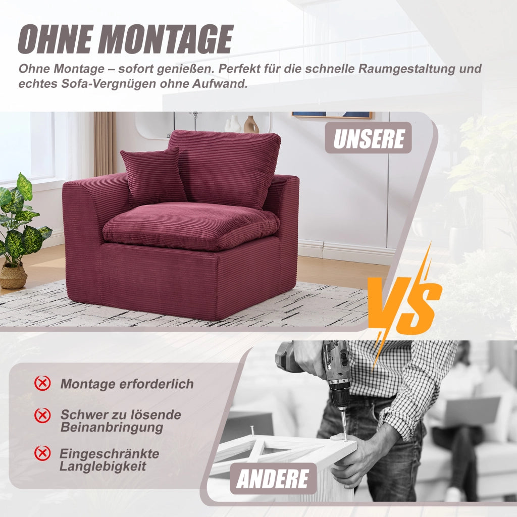 OKWISH Poltrona in Velluto a Coste, Seduta Imbottita con Cuscino e Design Minimalista, Rosso Vino, 101 × 102.5 × 84 cm