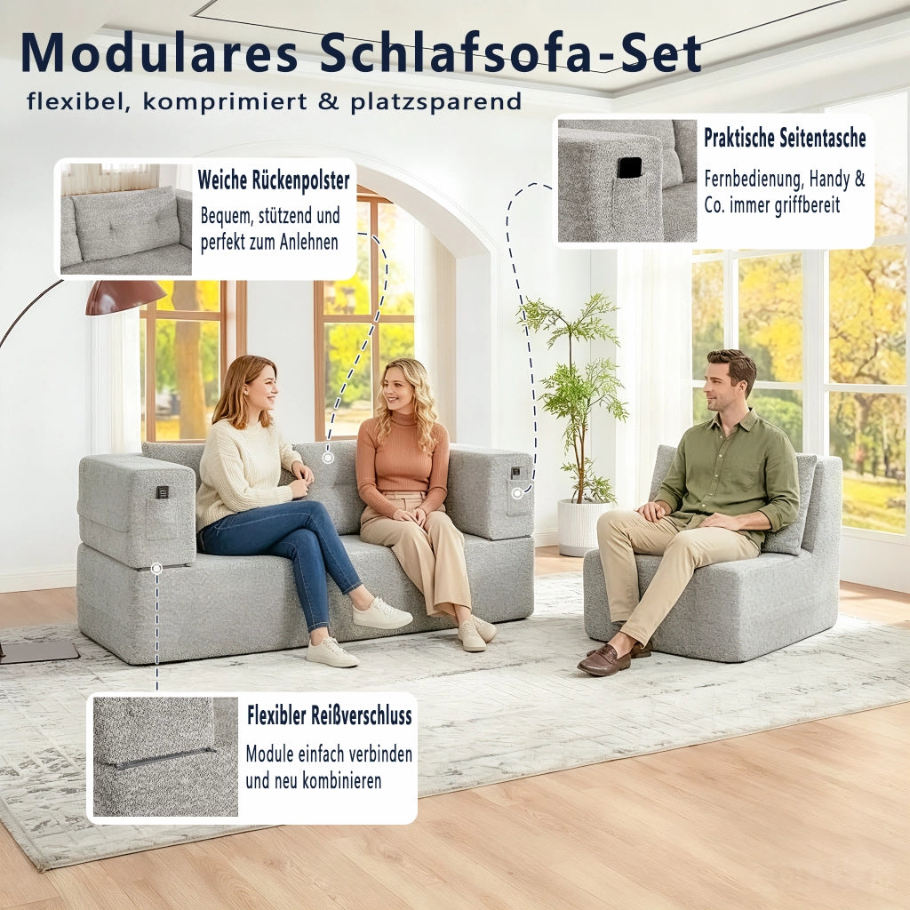 Divano modulare letto in tessuto con tasche laterali e schienale reclinabile, grigio chiaro 199 × 194 × 39 cm