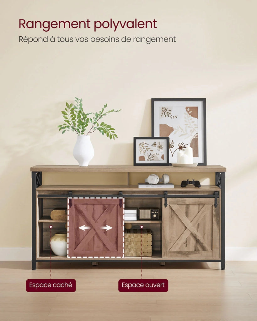 Mobile porta TV per TV fino a 65 pollici con ripiani regolabili ante in stile rustico fienile struttura in metallo marrone e nero rustico 12_0006575