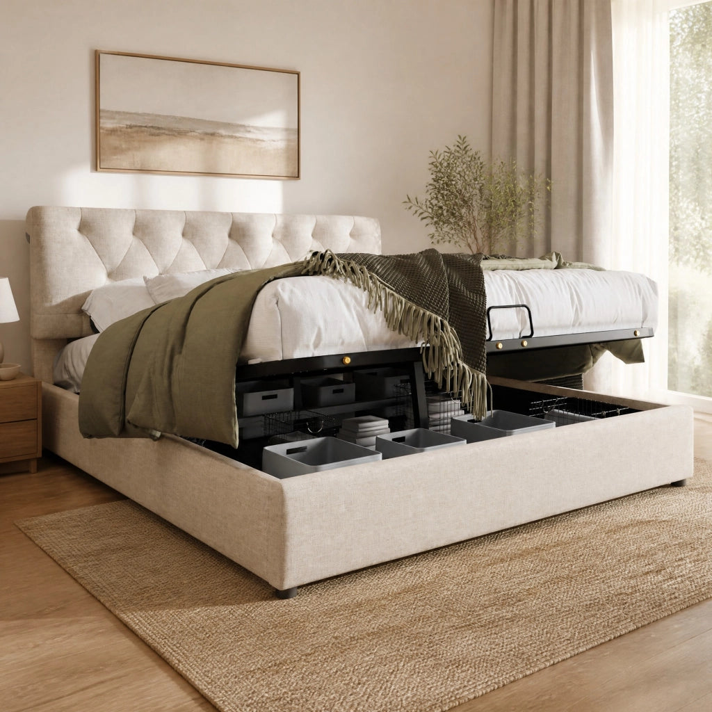Letto matrimoniale 160x200 cm con contenitore; testiera regolabile; lino naturale