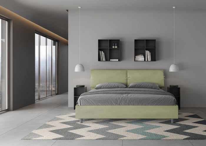 Letto Matrimoniale King Size 180x190 cm con Rete e Contenitore Testata con Cuscini Imbottito in Microfibra Mados Tè