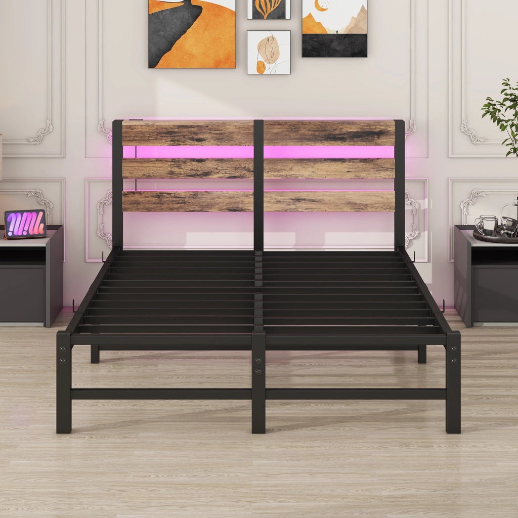 Letto matrimoniale 120x200 cm in metallo e legno con LED RGB, USB e spazio contenitivo