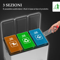 Pattumiera a Pedale 3 Sezioni da 20L 61,9x36,6x56,7 cm in Acciaio Inox e PP