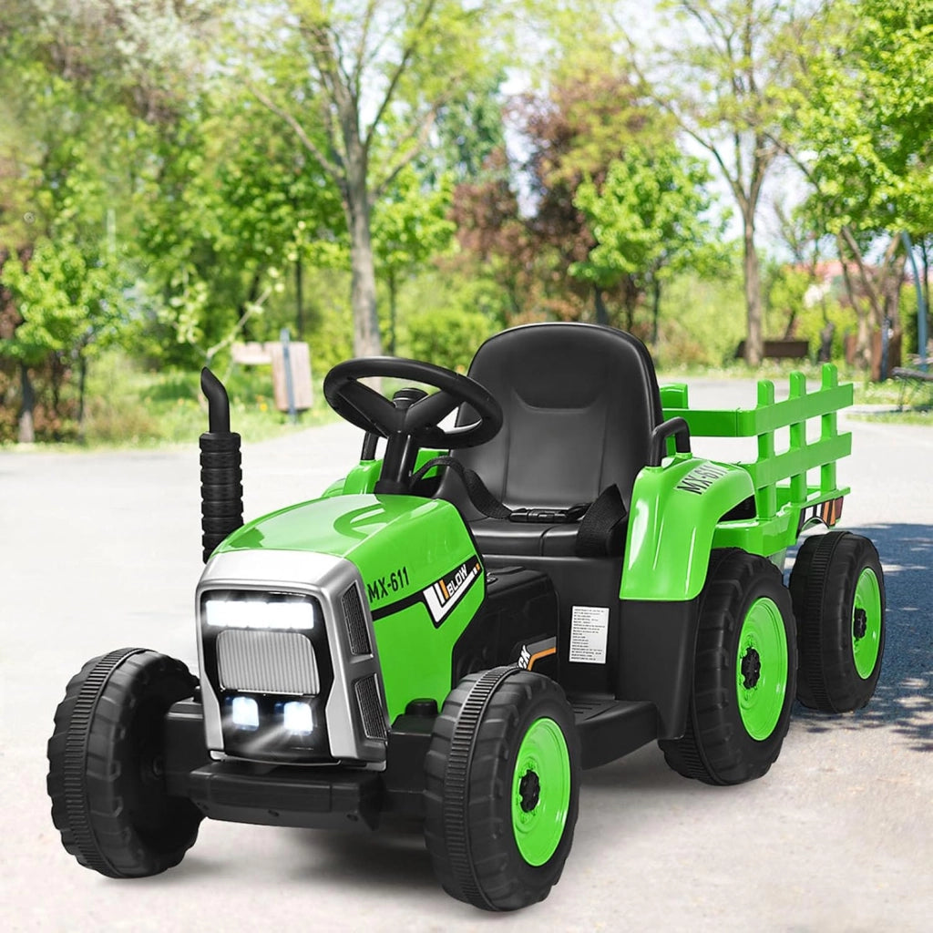 Trattore con Rimorchio Cavalcabile per Bambini 12V, Trattore Elettrico Telecomandato, con Luci e Suoni, 30kg, 3+ Anni (Verde)